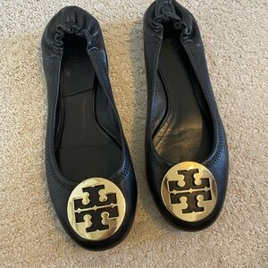 Tory Burch Black Ballet Flats with Gold Logo